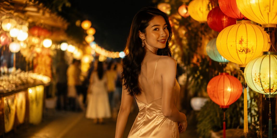 Khung cảnh chợ đêm Hội An với người dùng kiểm tra kết quả xổ số trên điện thoại